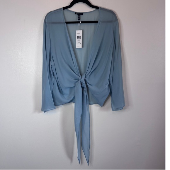 Eileen Fisher Sheer Silk Georgette Wrap Jacket XL Blue Tie Front Cardigan NEW - Picture 2 of 9